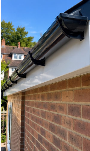 Illustrative image: Example of a correctly aligned rainwater gutter and downpipe